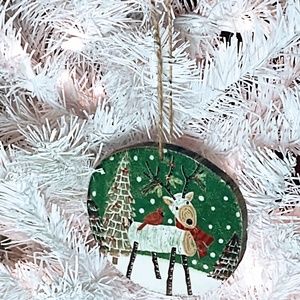 Hand Crafted Decoupage Wooden Christmas Ornament/Log Deer w/ Cardinal Tree Decor